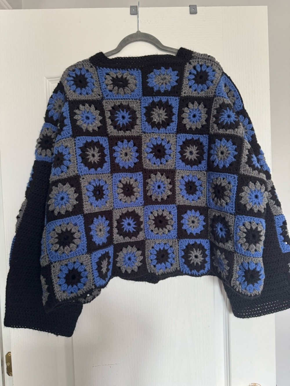 Hand Crafted Black Crochet Patchwork Cardigan with Blue and Gray Motifs. Ptp 27 - Picture 3 of 11